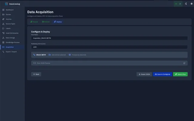 DataCatalog — deployment and source health monitoring view
