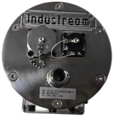 Wide IR camera — stainless-steel industrial rear panel with M12 connectors and MAC label