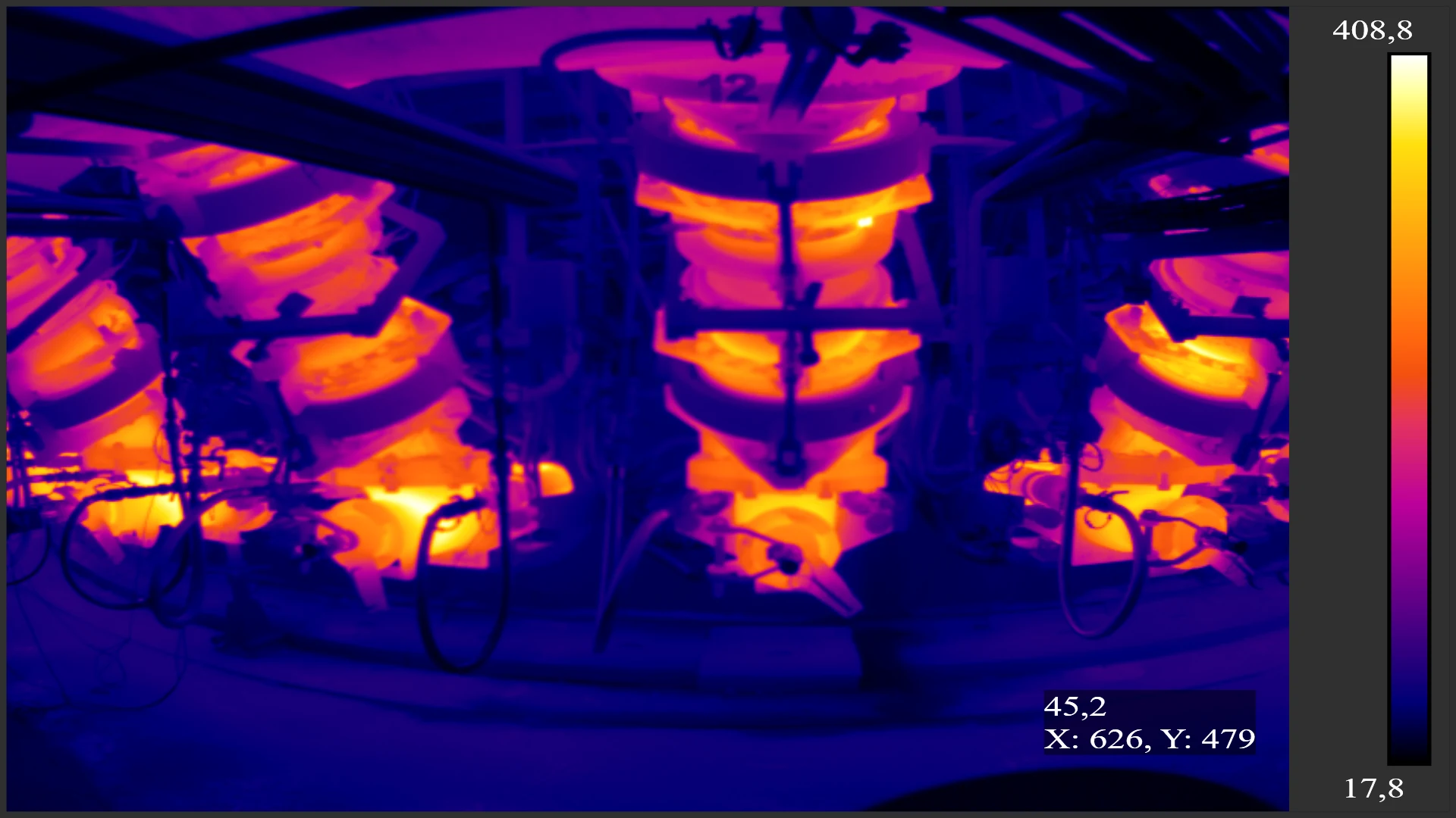 Wide IR camera — raw thermal panorama with temperature map 17.8 to 408.8 °C palette