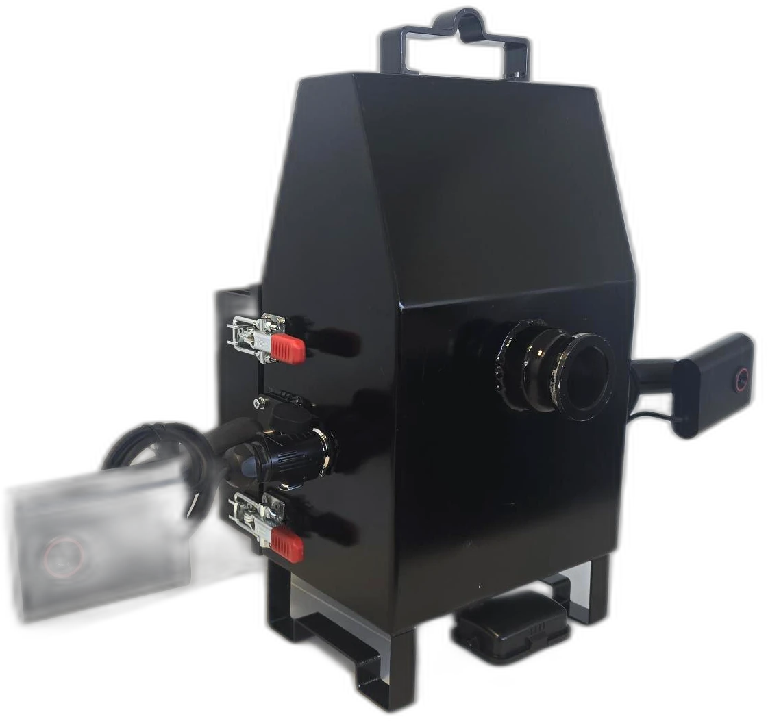 Tuyere camera casing — rear close-up with quick-release clamps, M12 connector and dangling mini IR module