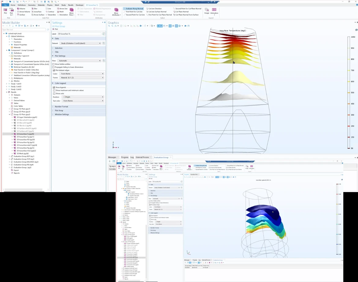BFI Online Hearth Liquid Model — temperature distribution and hot metal flow