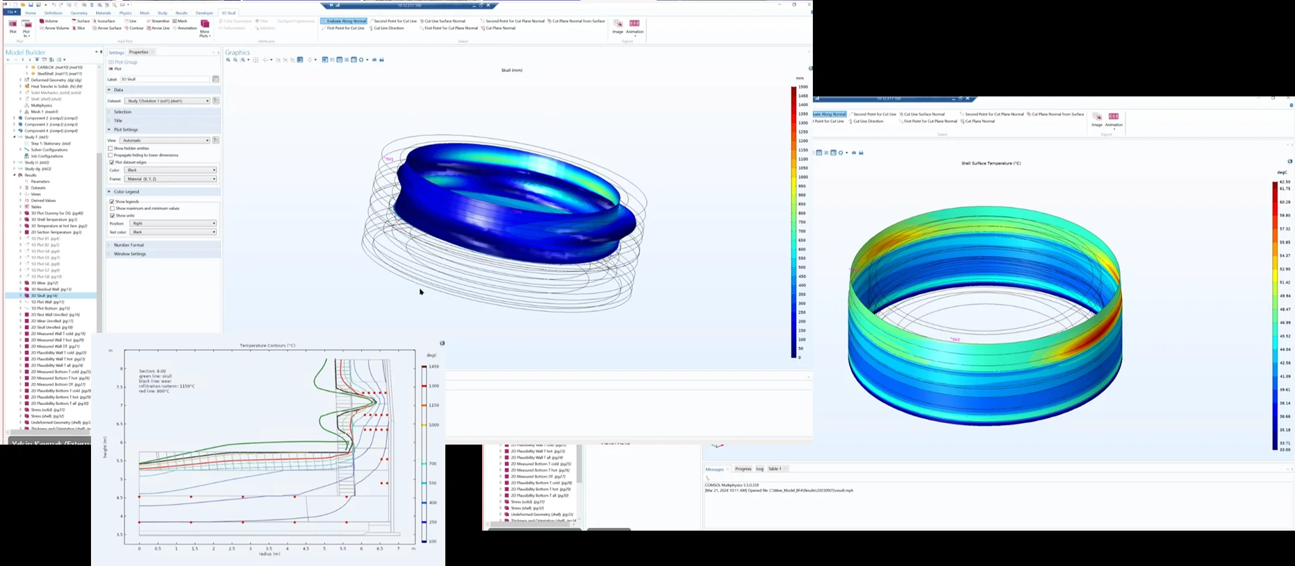BFI Online Hearth Wear Model — 3D hearth cross-section with color-mapped wear distribution