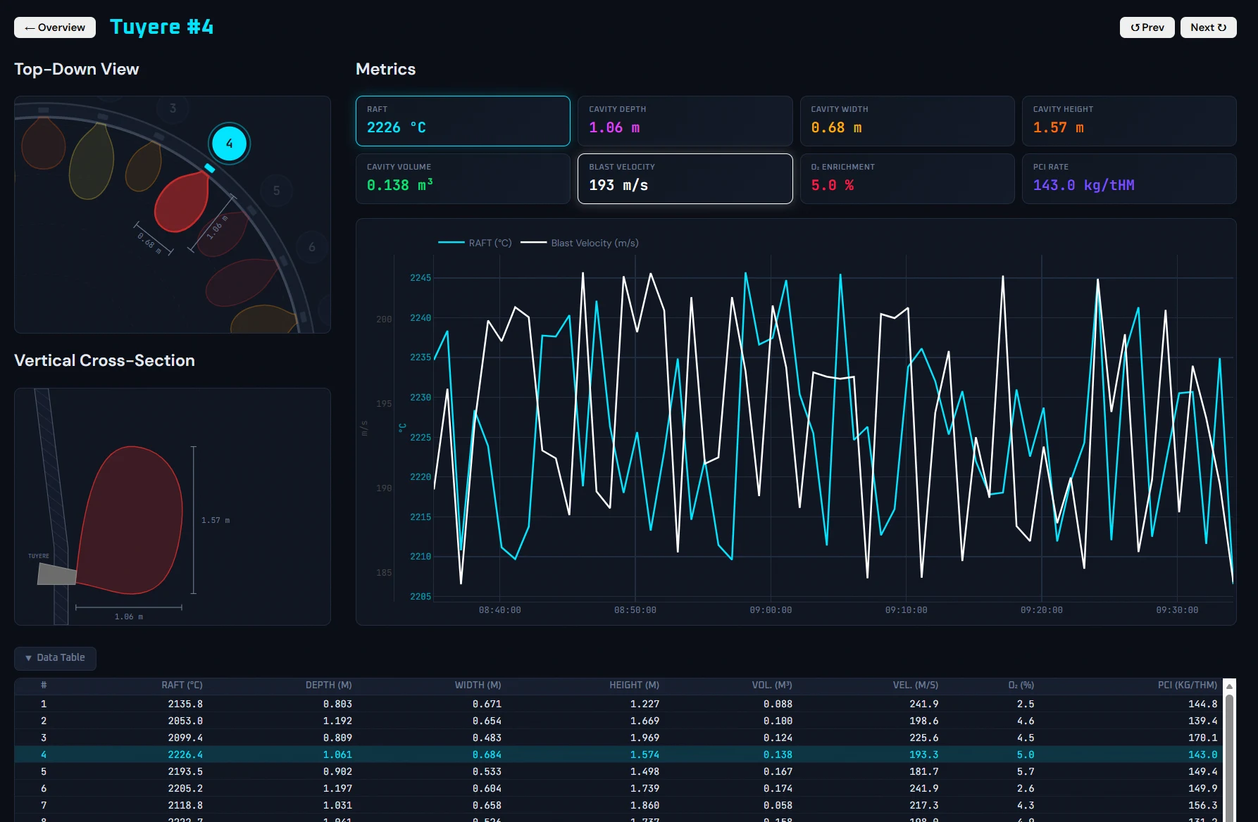 Raceway — per-tuyere detail view with top-down, vertical cross-section and time-series