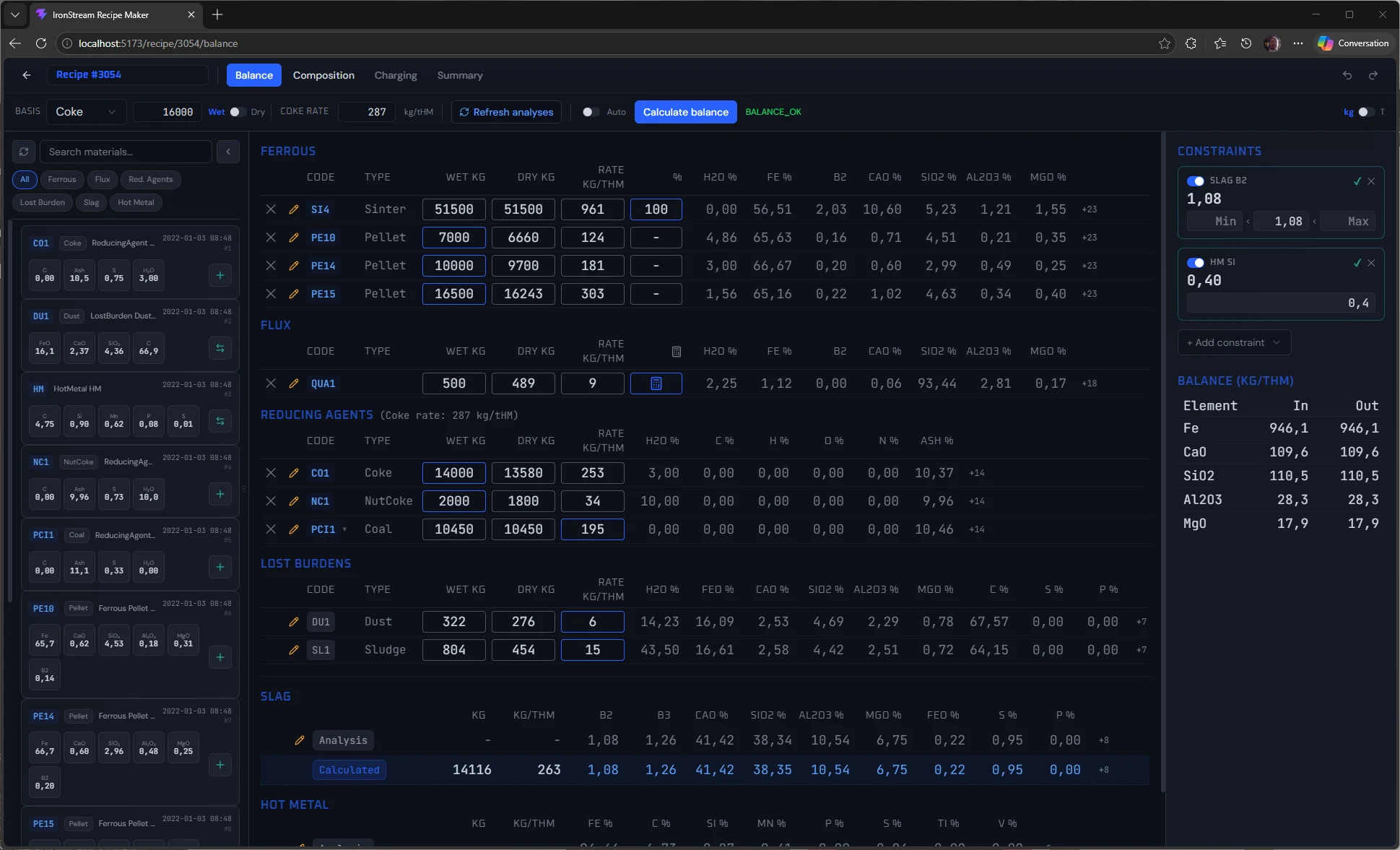 Recipe Maker — balance view with ferrous, fluxes, reducing agents and constraints panel
