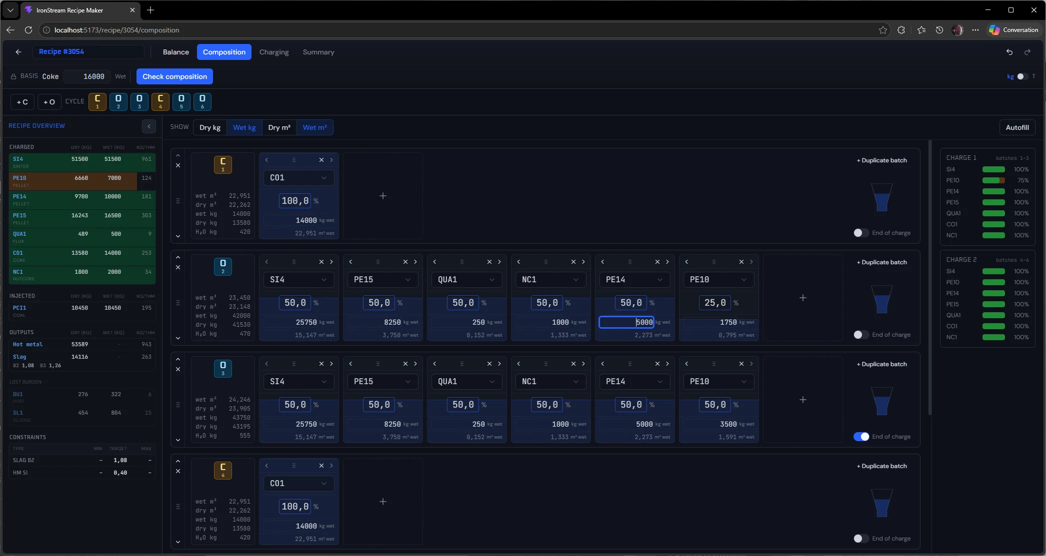 Recipe Maker — per-charge composition grid C1/D1/C2/D2 with duplication